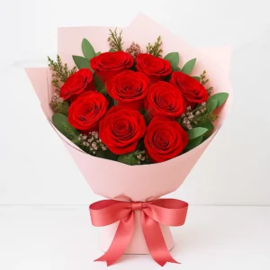 باقة ورد طبيعي أحمر فاخرة – 10 ورود مع تغليف وردي أنيق باقة ورد طبيعي أحمر فاخرة – 10 ورود مع تغليف وردي أنيق