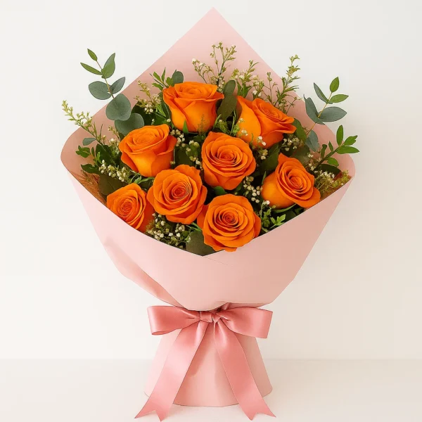 باقة ورد طبيعي برتقالي – 10 ورود مع تغليف وردي فاخر