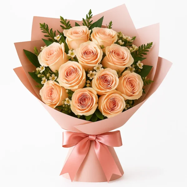 باقة ورد طبيعي مشمشي – 10 ورود مع تغليف وردي فاخر | ورد روزا