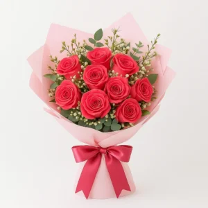 باقة ورد أحمر طبيعي – 10 ورود مع تغليف وردي فاخر | ورد روزا باقة ورد أحمر طبيعي – 10 ورود مع تغليف وردي فاخر | ورد روزا