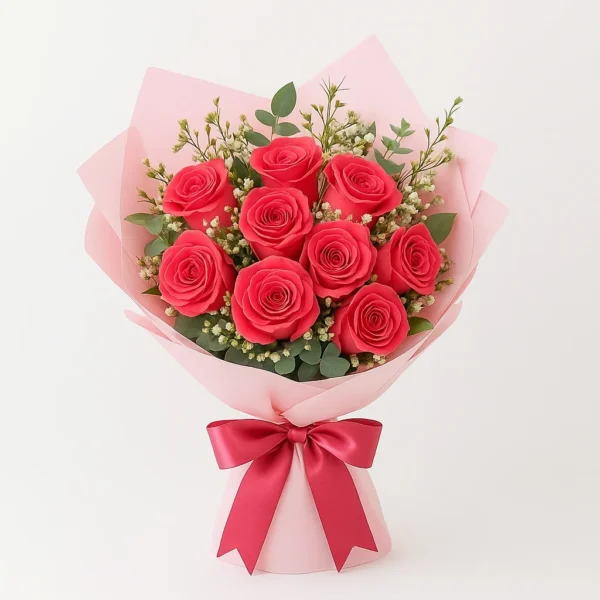 باقة ورد أحمر طبيعي – 10 ورود مع تغليف وردي فاخر | ورد روزا