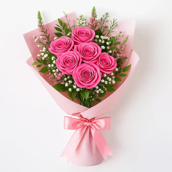 باقة ورد فوشيا طبيعي – 10 ورود بتغليف وردي فاخر | ورد روزا