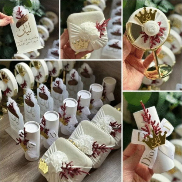بكج توزيعات فاخر 48 قطعة (12 مرايا - 12 شنط إكسسوارات - عطر ميني 25 مل - ستاند أكريليك مع كسرة عود)